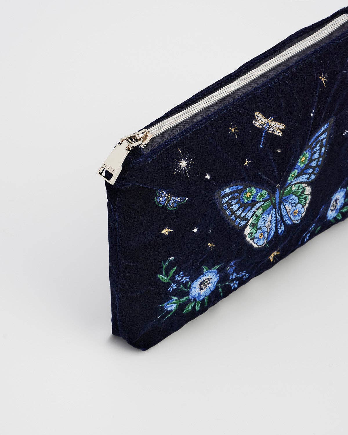Fable England - Butterfly Embroidered Pouch in Navy Velvet