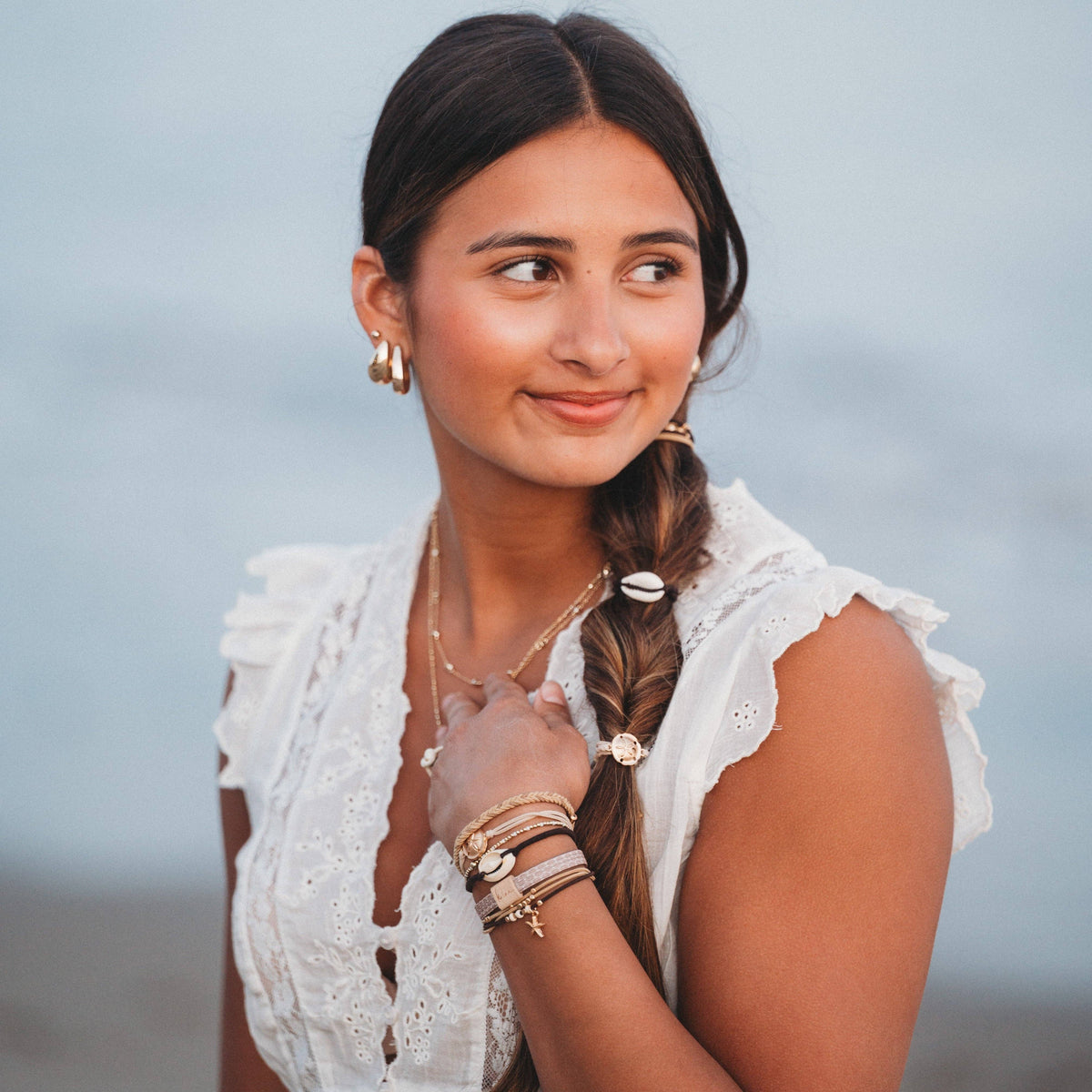 K'lani hair tie bracelets - "Radiant" Seashell Theme in Cream & Black Hair Tie Bracelets: Medium