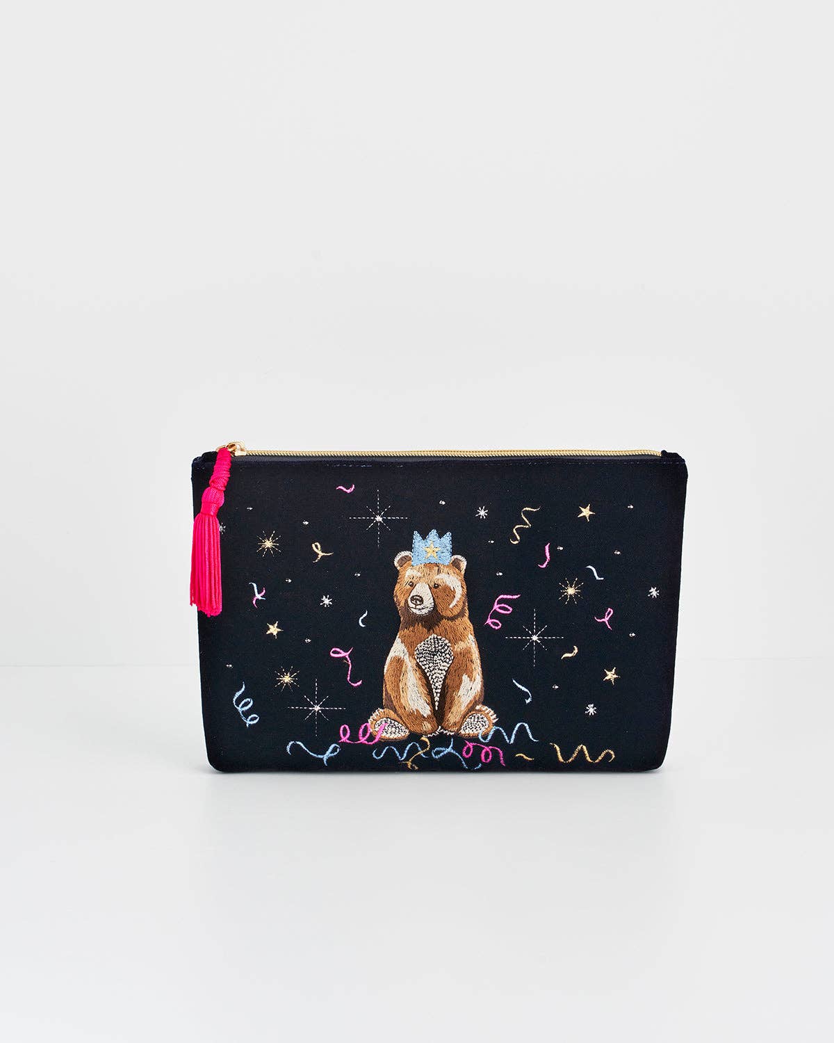 Fable England - Party Bear Embroidered Blue Medium Pouch