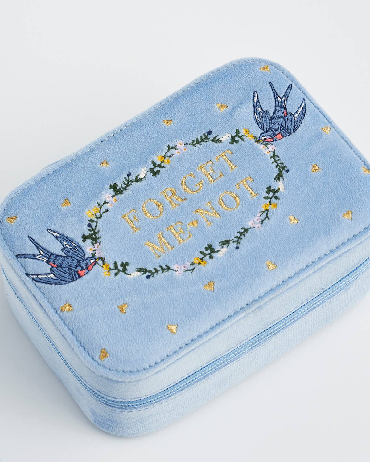 Fable England - Forget Me Not Blue Velvet Embroidered Jewellery Box