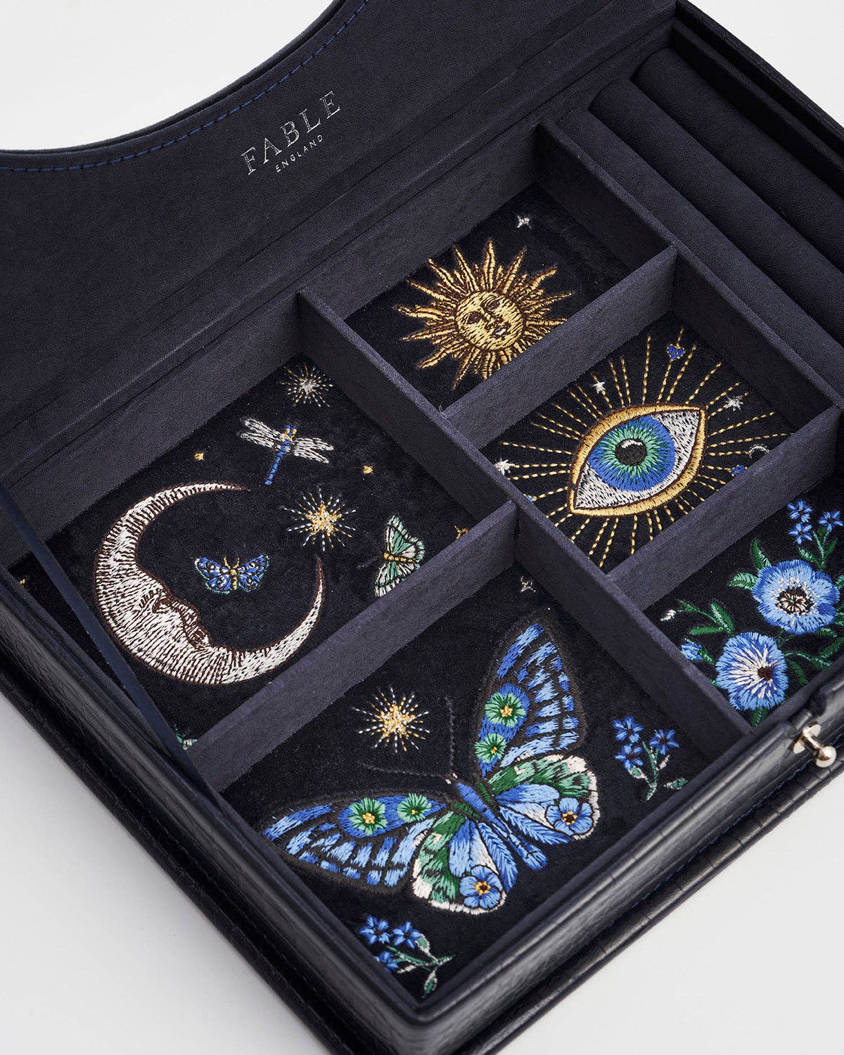 Fable England - Night Sky Embroidered Large Jewelry Box in Navy Croc
