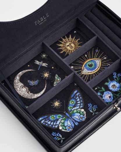 Fable England - Night Sky Embroidered Large Jewelry Box in Navy Croc
