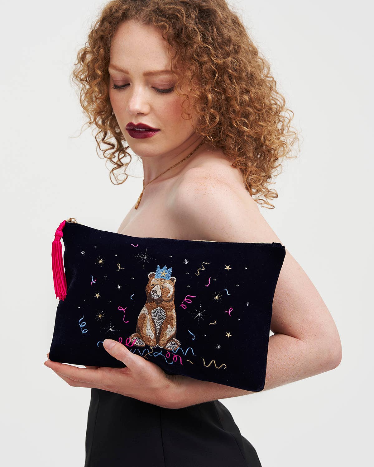 Fable England - Party Bear Embroidered Blue Medium Pouch