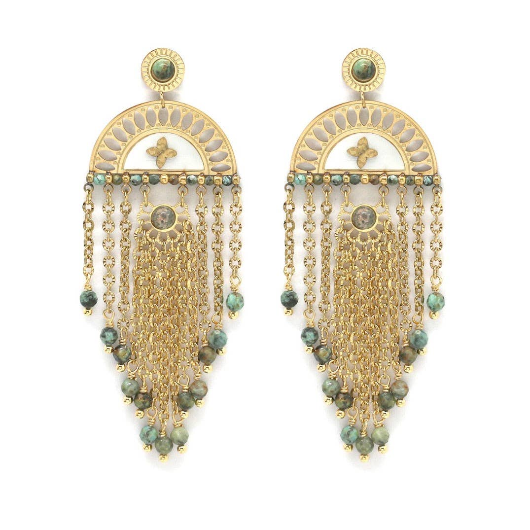 LIZOU - Fan and Fringe African Turquoise Dangle Earrings