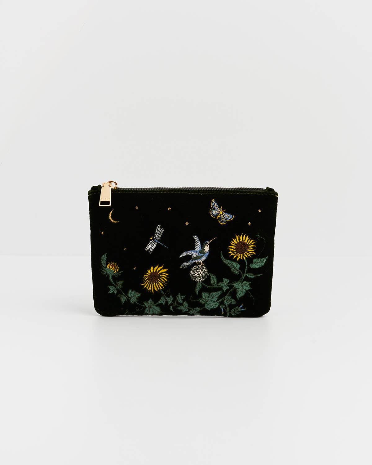 Fable England - Sunflower Green Velvet Embroidered Pouch