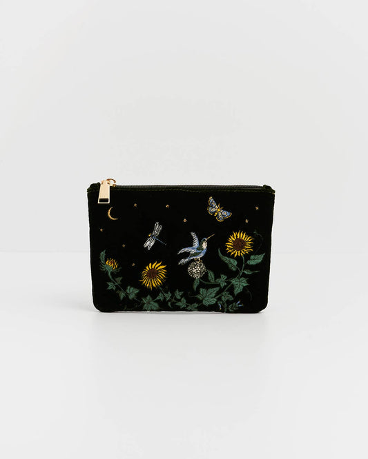 Fable England - Sunflower Green Velvet Embroidered Pouch