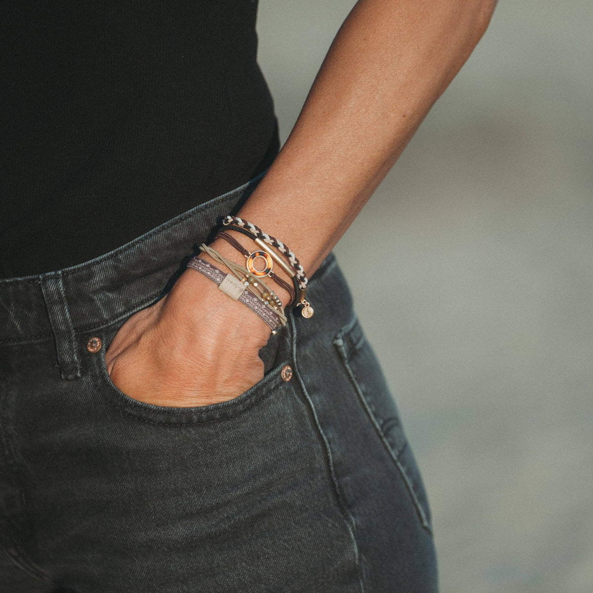 K'lani hair tie bracelets - "Ember" Tortoise Shell Ring Charm with gold, browns and neutrals.: Medium
