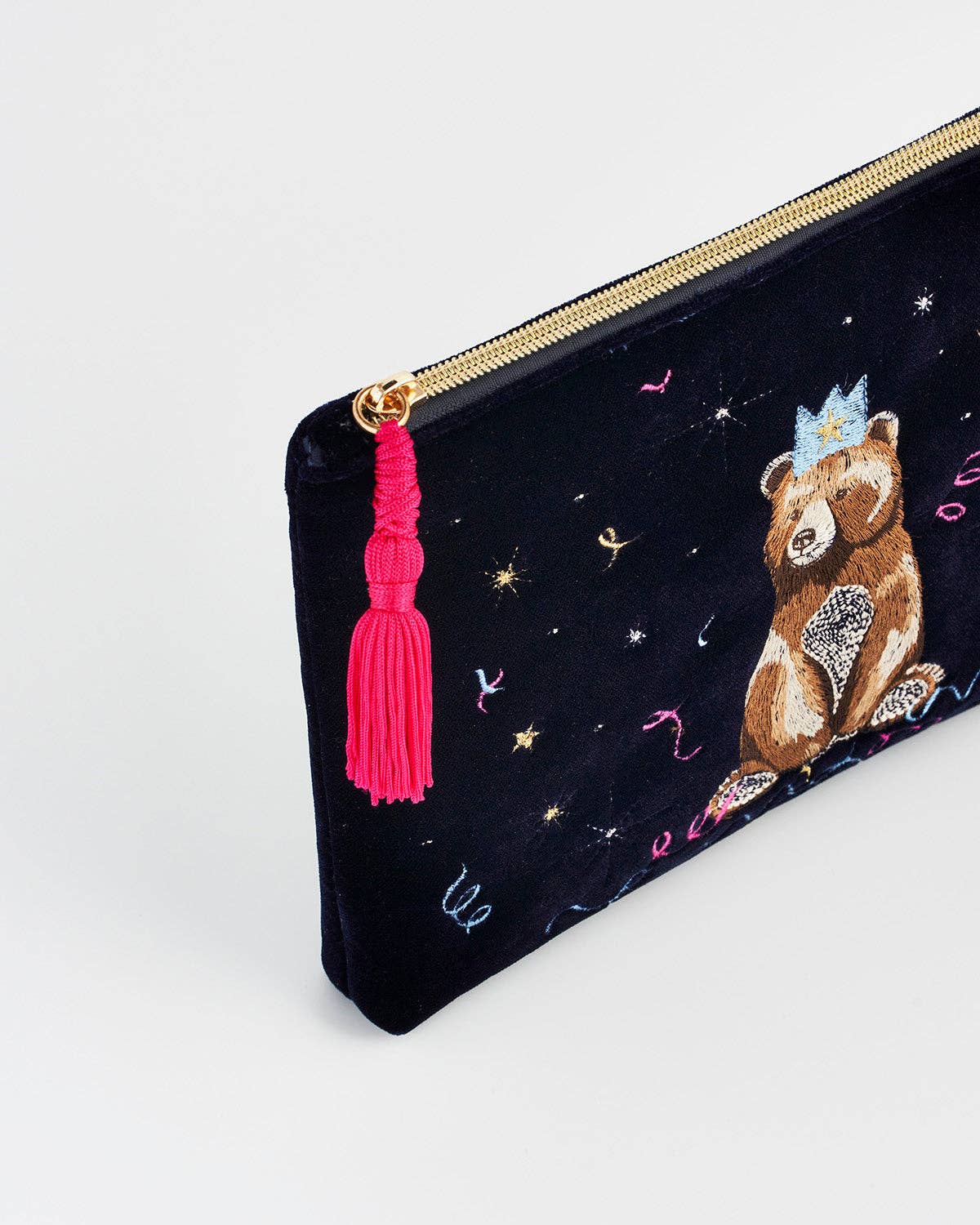 Fable England - Party Bear Embroidered Blue Medium Pouch