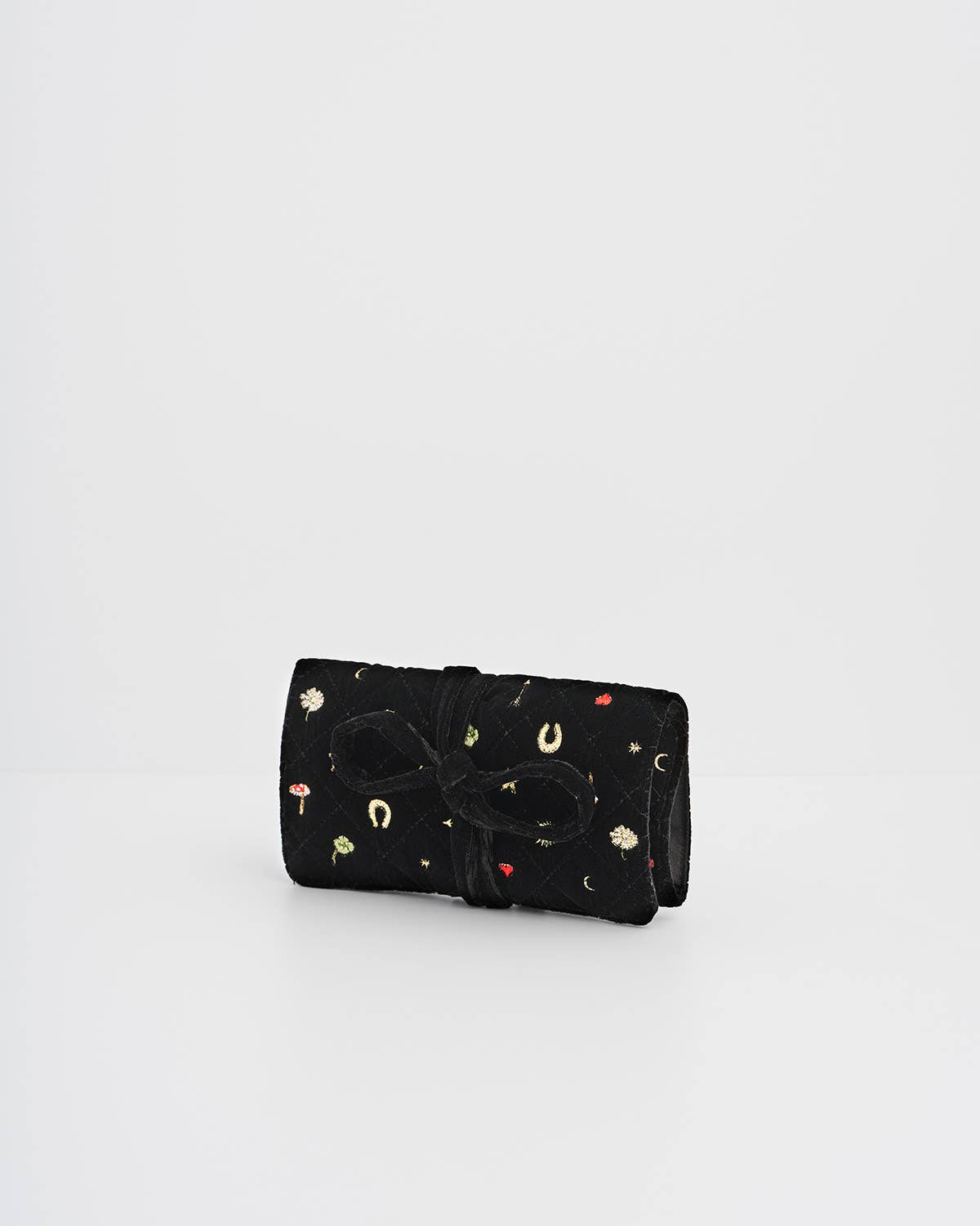 Fable England - Black Quilted Motif Velvet Embroidered Jewellery Roll