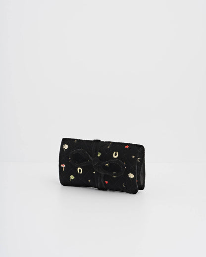 Fable England - Black Quilted Motif Velvet Embroidered Jewellery Roll