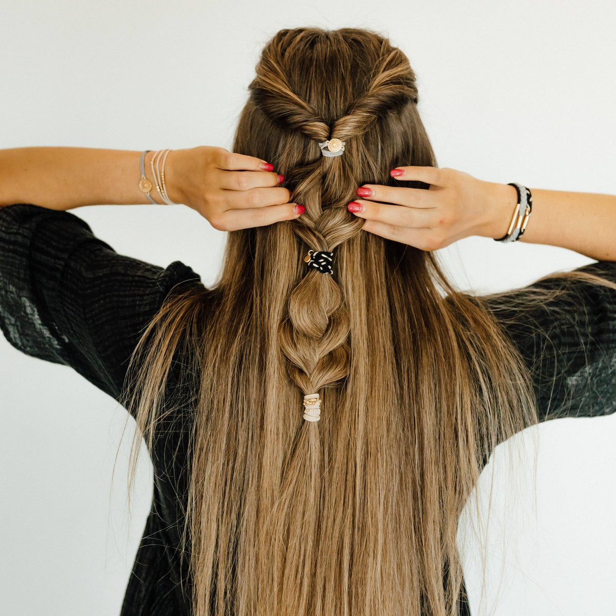 K'lani hair tie bracelets - "Inspire" Grey & Black with Gold Flower Accent Hair Tie Bracelets: Medium