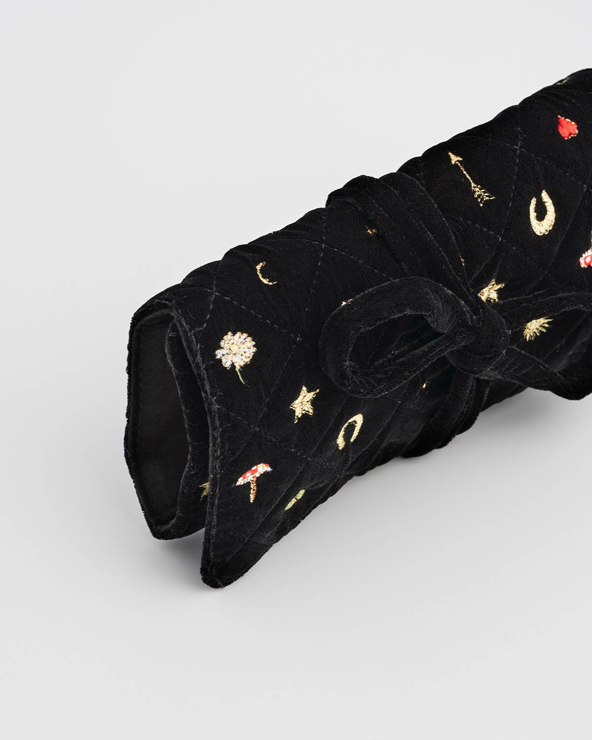 Fable England - Black Quilted Motif Velvet Embroidered Jewellery Roll