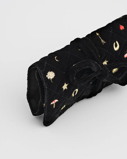 Fable England - Black Quilted Motif Velvet Embroidered Jewellery Roll