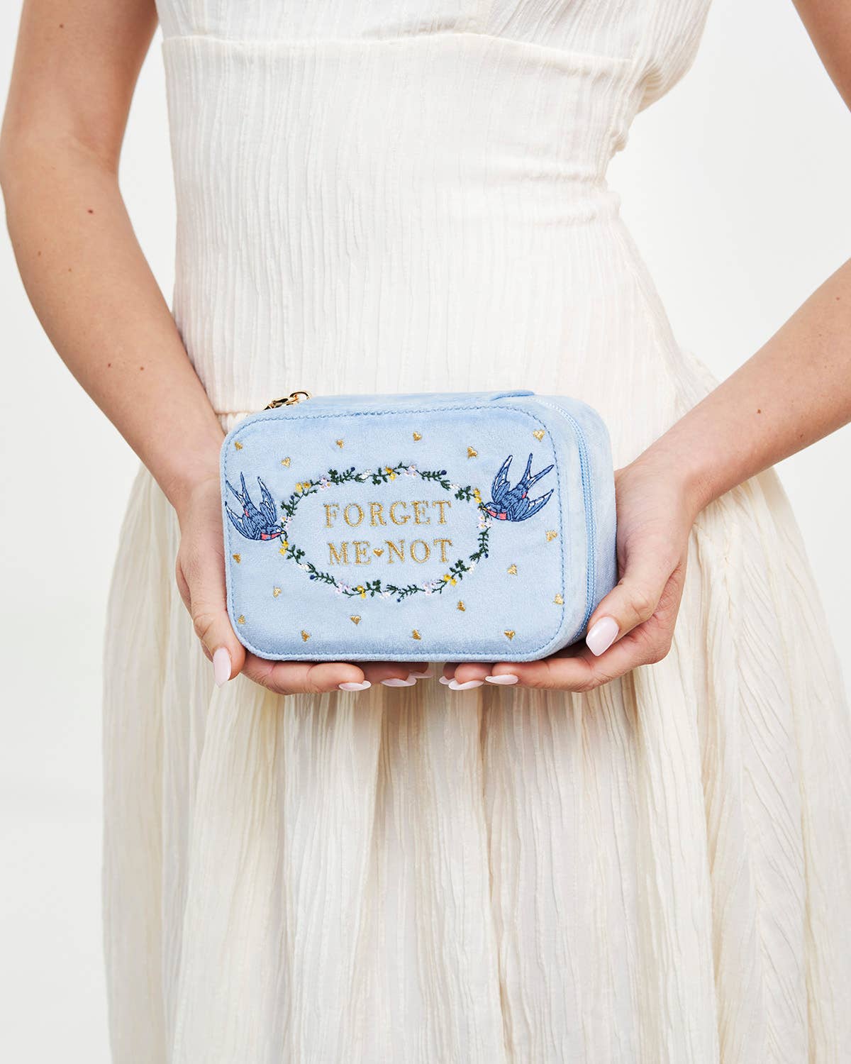 Fable England - Forget Me Not Blue Velvet Embroidered Jewellery Box