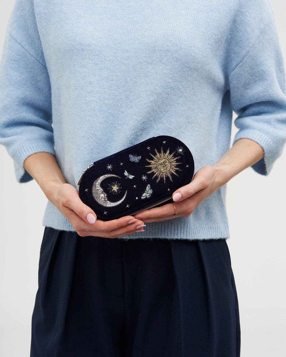 Fable England - Night Sky Embroidered Oval Jewelry Box in Navy Velvet