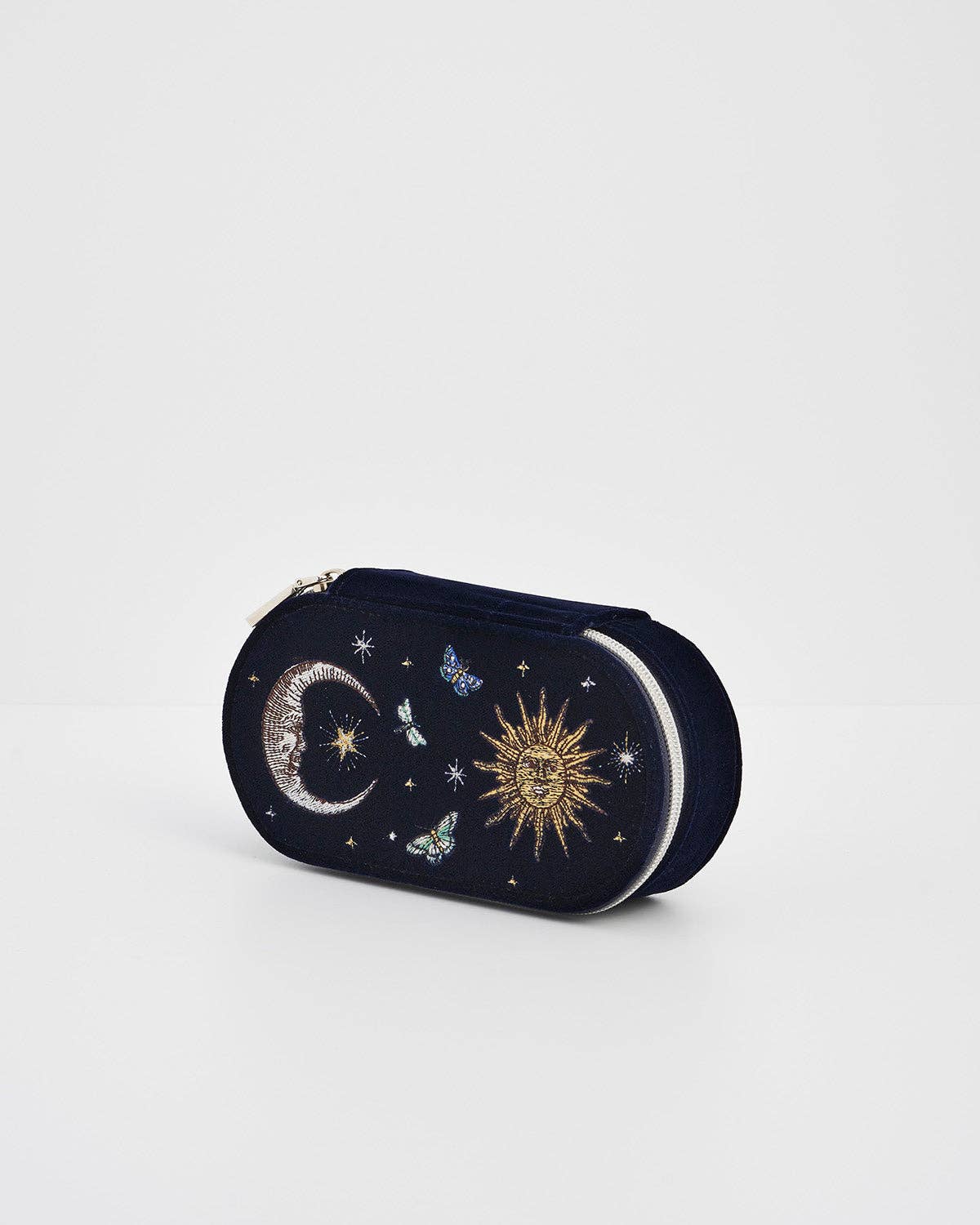 Fable England - Night Sky Embroidered Oval Jewelry Box in Navy Velvet