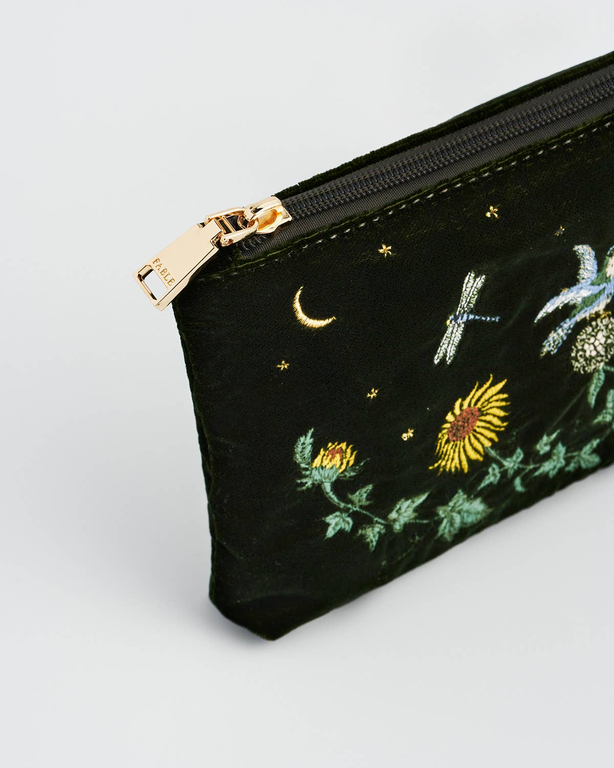 Fable England - Sunflower Green Velvet Embroidered Pouch