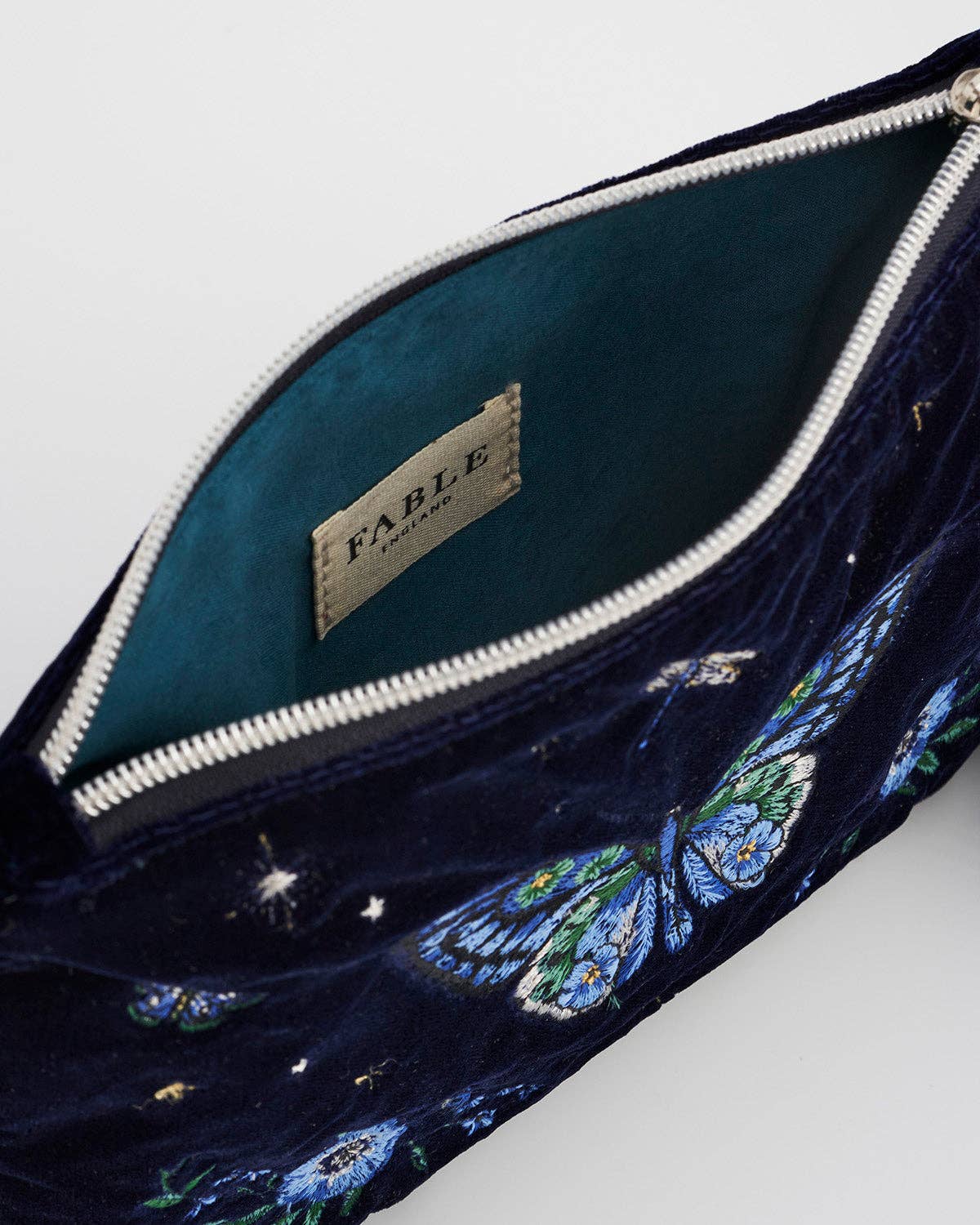 Fable England - Butterfly Embroidered Pouch in Navy Velvet