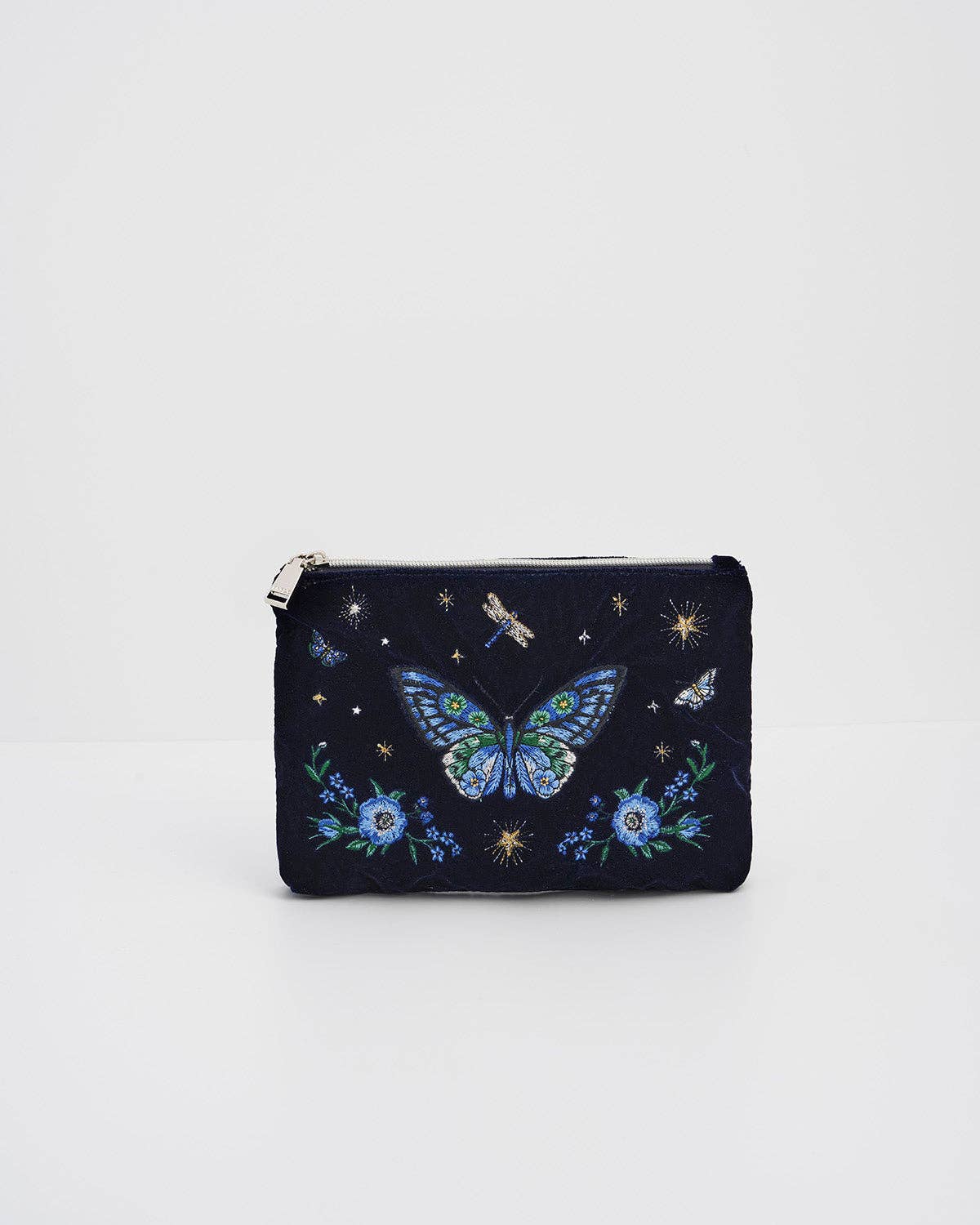 Fable England - Butterfly Embroidered Pouch in Navy Velvet