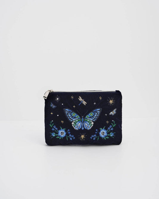 Fable England - Butterfly Embroidered Pouch in Navy Velvet