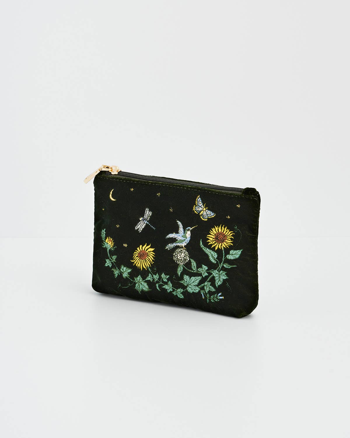 Fable England - Sunflower Green Velvet Embroidered Pouch