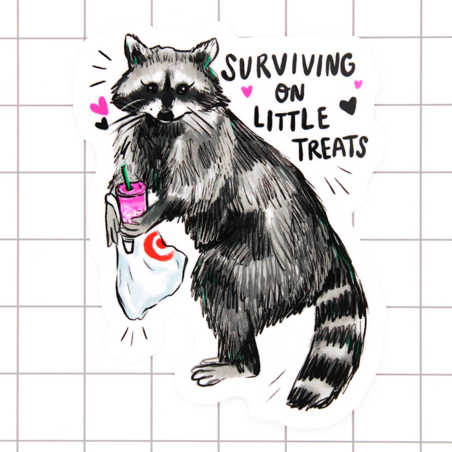 Amy Hartelust Art and Illustration - Little Treat Raccoon Vinyl Sticker (Surviving)