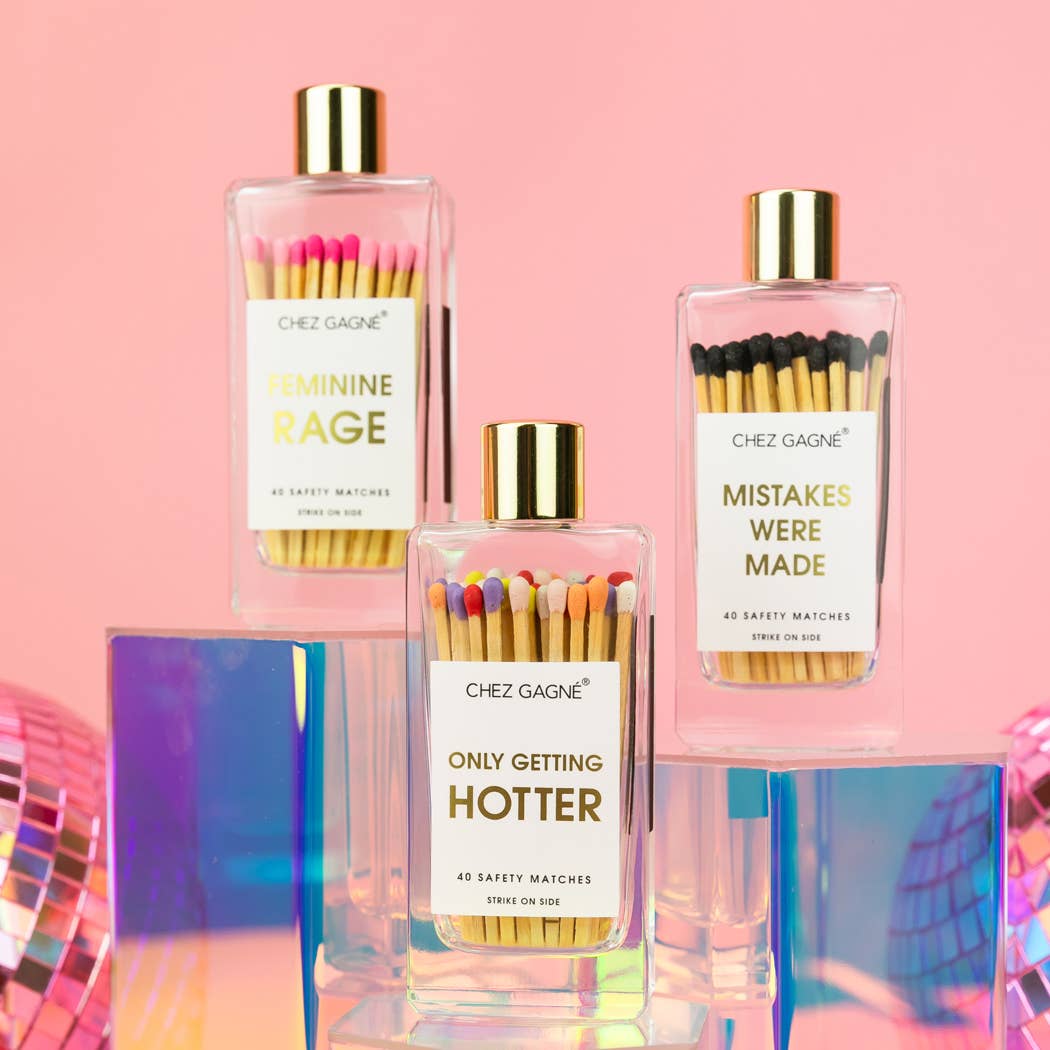 Chez Gagné - Feminine Rage - Glass Bottle Matches, Pink Multi, Funny Gift