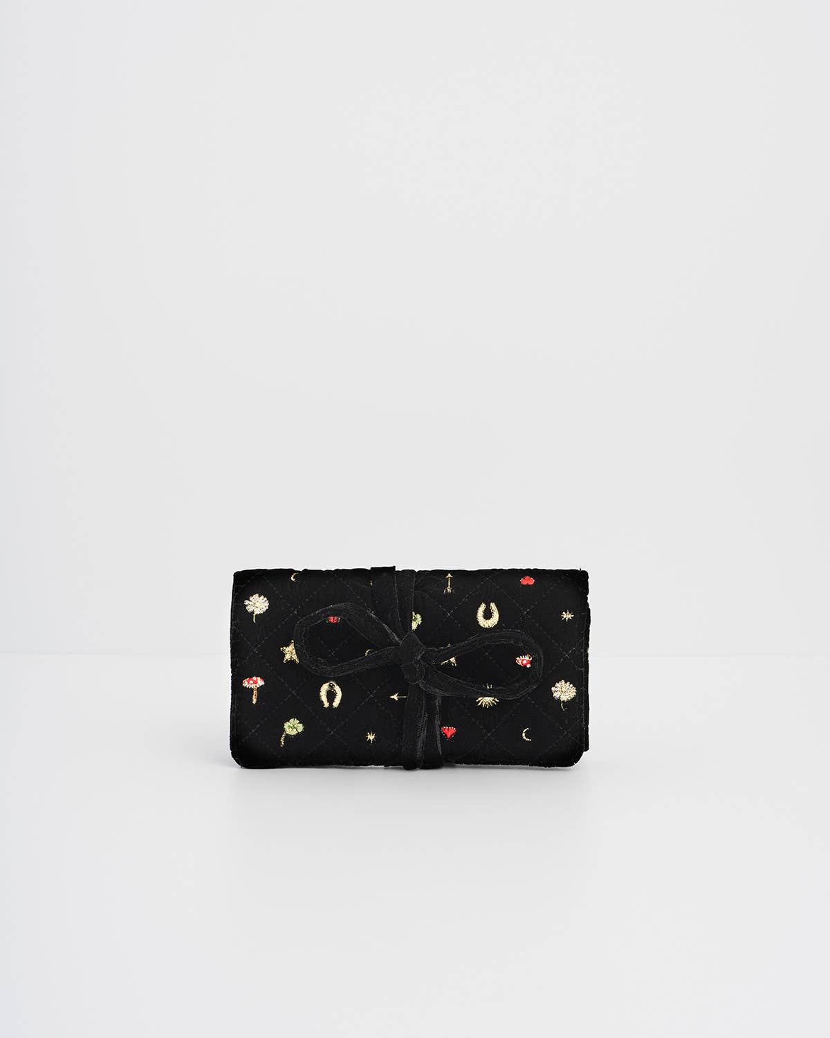 Fable England - Black Quilted Motif Velvet Embroidered Jewellery Roll