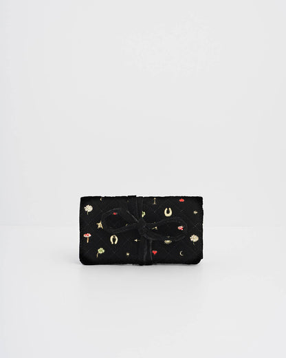 Fable England - Black Quilted Motif Velvet Embroidered Jewellery Roll