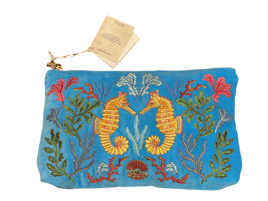 Elizabeth Scarlett- Coral Seahorse Velvet Everyday Pouch - Mediterranean Blue