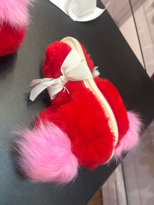 Shiraleah Red slippers with pink poof small