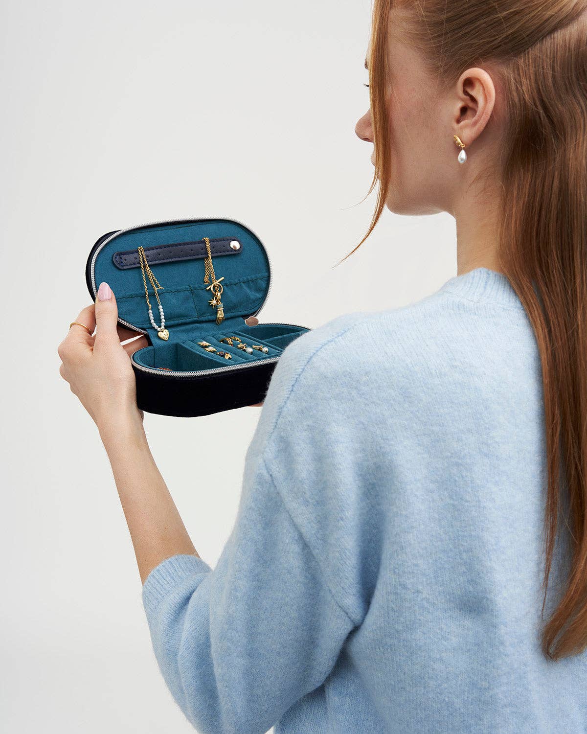 Fable England - Night Sky Embroidered Oval Jewelry Box in Navy Velvet