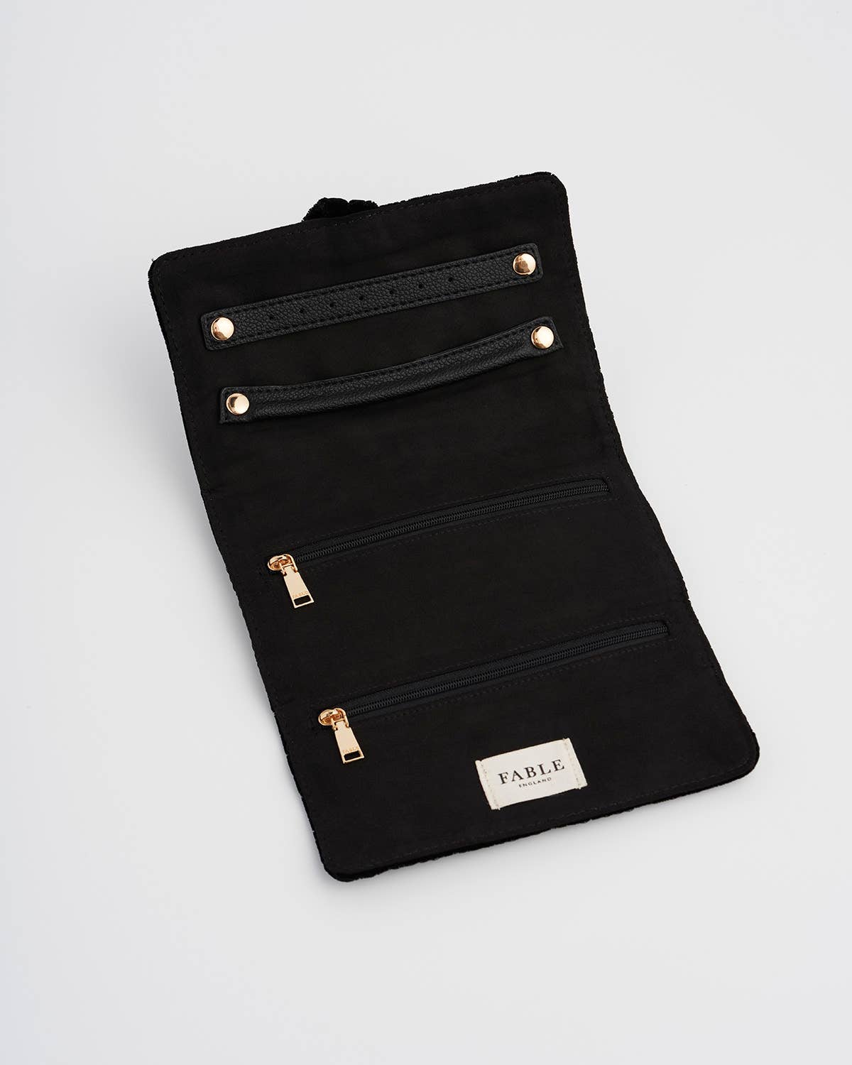Fable England - Black Quilted Motif Velvet Embroidered Jewellery Roll
