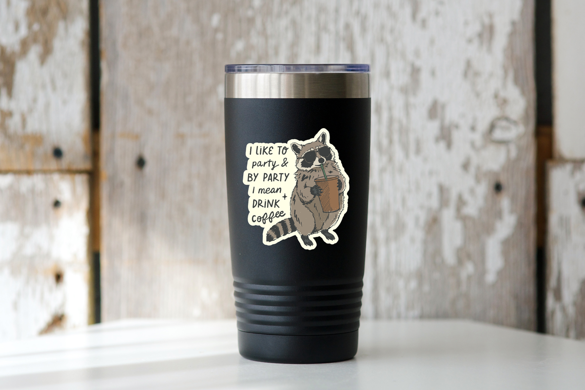 Yarnival - I Like to Party & Drink Coffee Sticker - raccoon, funny