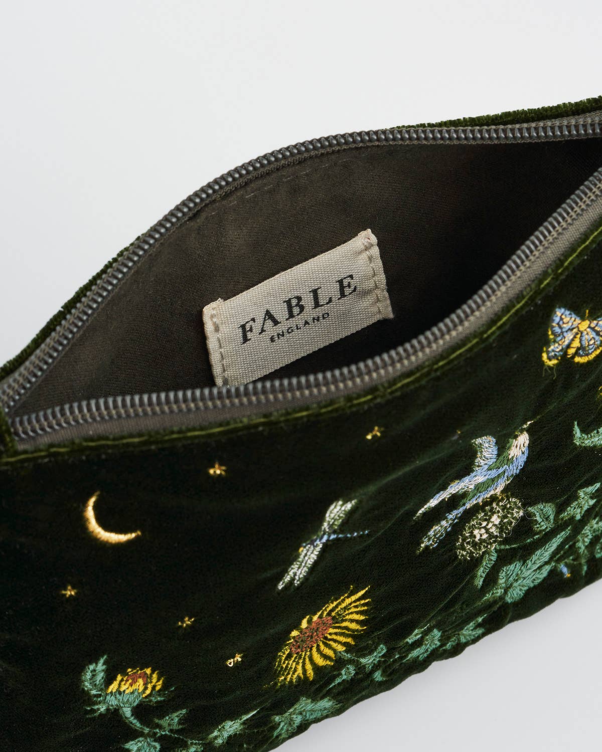 Fable England - Sunflower Green Velvet Embroidered Pouch