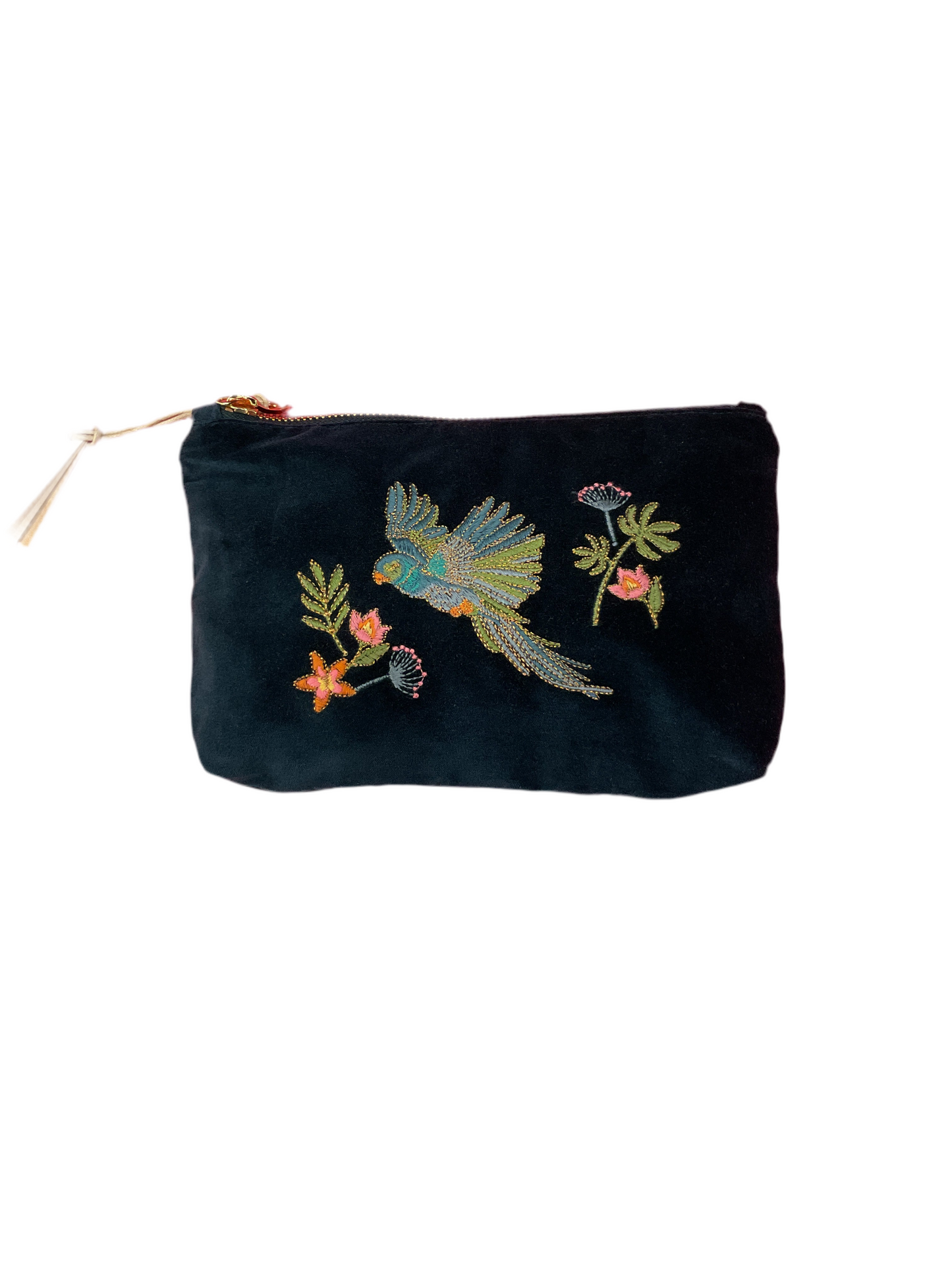 Elizabeth Scarlett- Flying Parrots Velvet Mini Pouch - Ink Blue