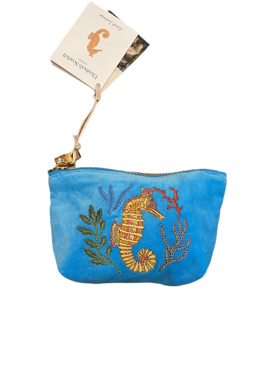Elizabeth Scarlett- Coral Seahorse Velvet Coin Purse - Mediterranean Blue