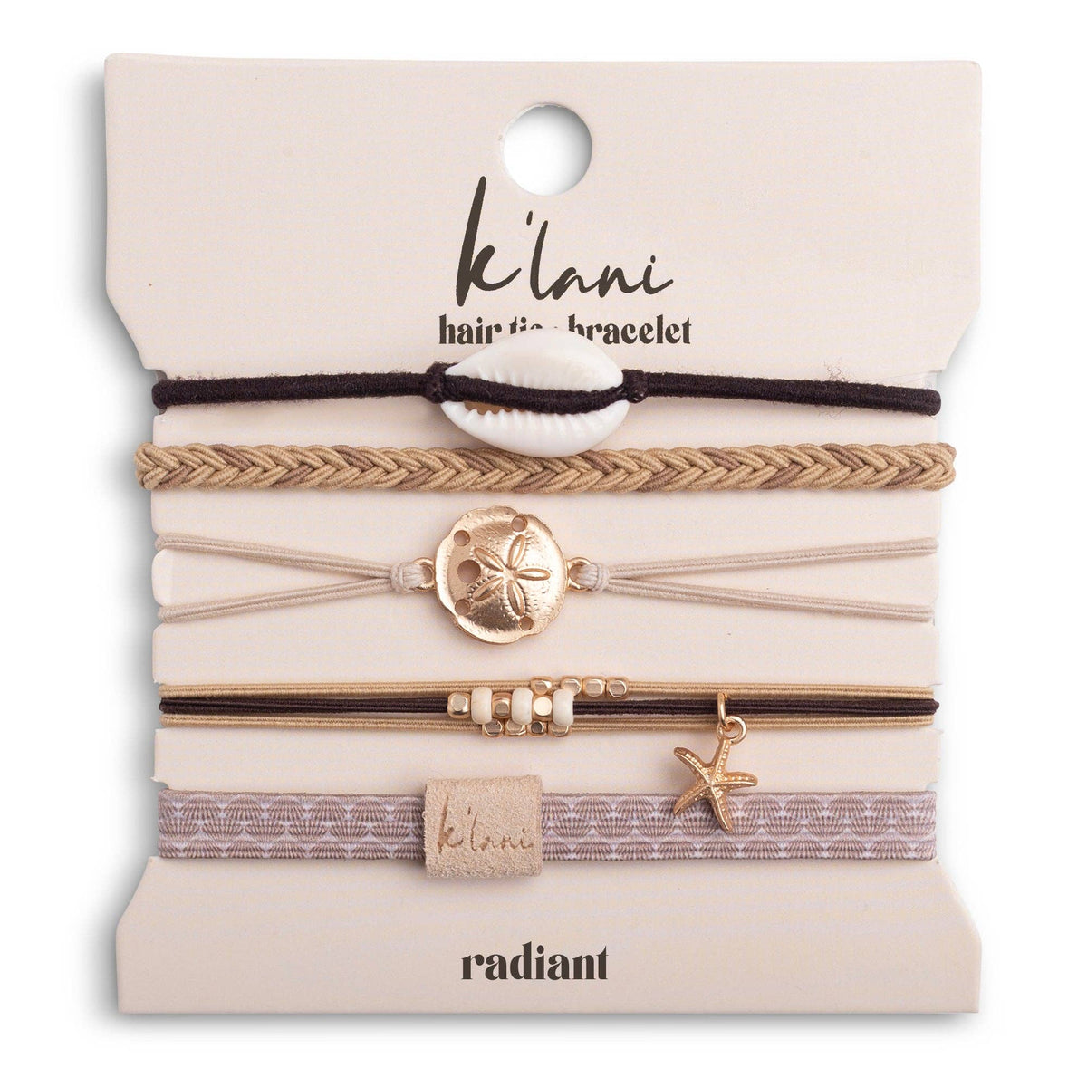 K'lani hair tie bracelets - "Radiant" Seashell Theme in Cream & Black Hair Tie Bracelets: Medium