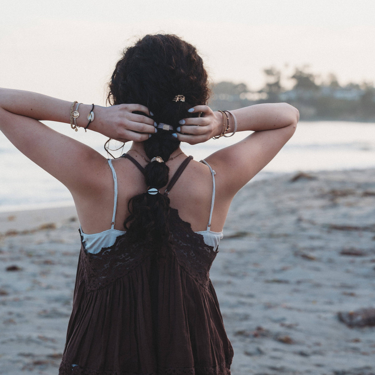 K'lani hair tie bracelets - "Radiant" Seashell Theme in Cream & Black Hair Tie Bracelets: Medium