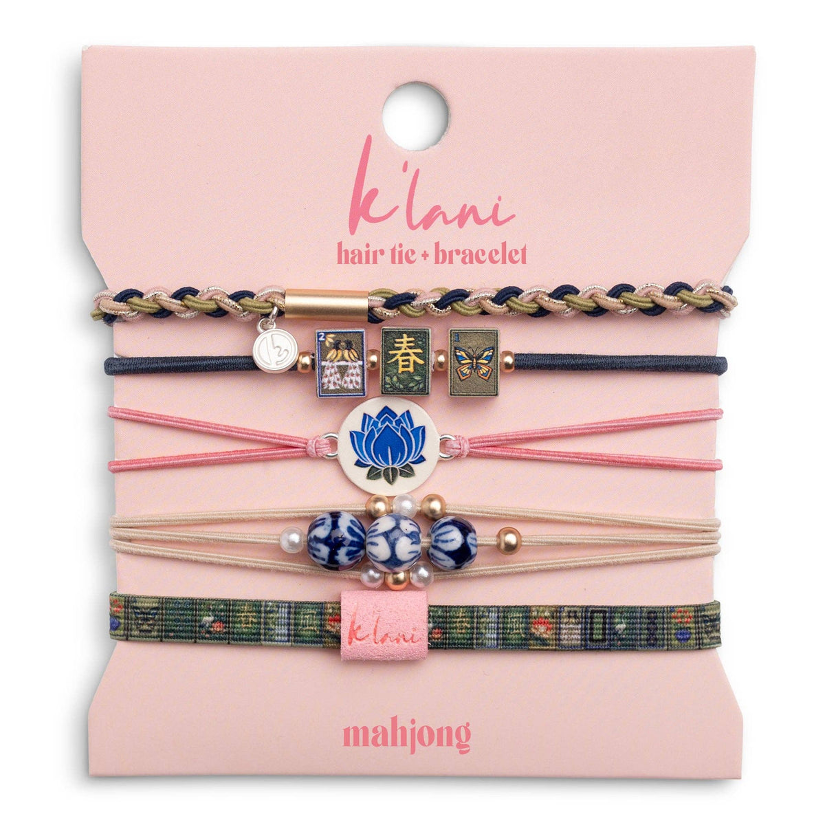 K'lani hair tie bracelets - "Mahjong" Themed in Pink, Green & Blue with Lotus & Tile Accent Hair Tie Bracelets: Medium