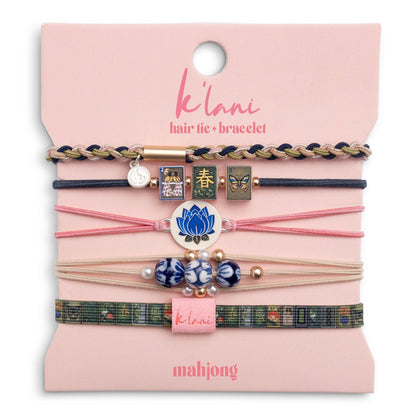 K'lani hair tie bracelets - "Mahjong" Themed in Pink, Green & Blue with Lotus & Tile Accent Hair Tie Bracelets: Medium