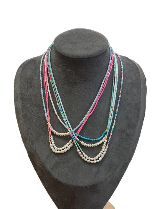 SG- Pearl / Turquoise Beaded Hand Strung Necklace