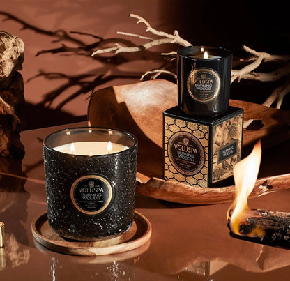 Voluspa- Burning Woods 3-Wick Luxe 30z Candle