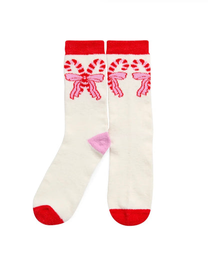 Shiraleah- Candy Cane Bow Socks- Ivory
