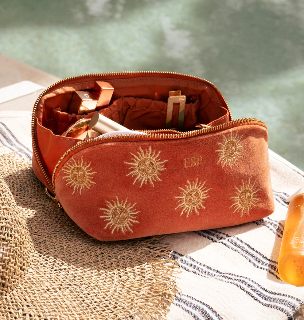 Elizabeth Scarlett- Rust Velvet Open Flat Makeup Bag