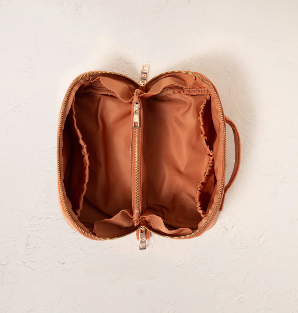 Elizabeth Scarlett- Rust Velvet Open Flat Makeup Bag