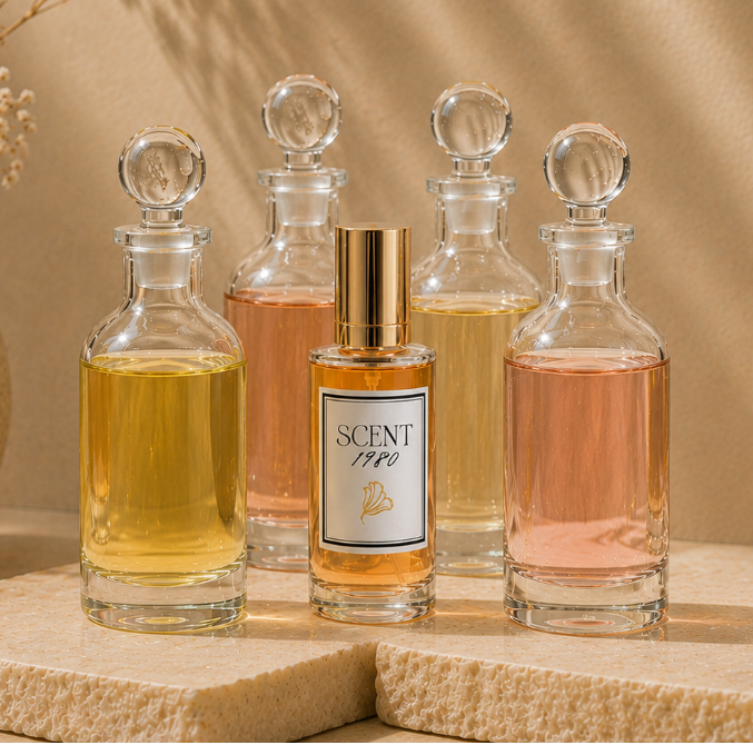 Four clear glass perfume bottles with round stoppers are arranged on a stone slab. The center bottle is upright with a gold cap and a white label reading 'SCENT 1970', while the surrounding three bottles are tipped over and filled with different colored liquids in amber, peach, and pale pink tones.