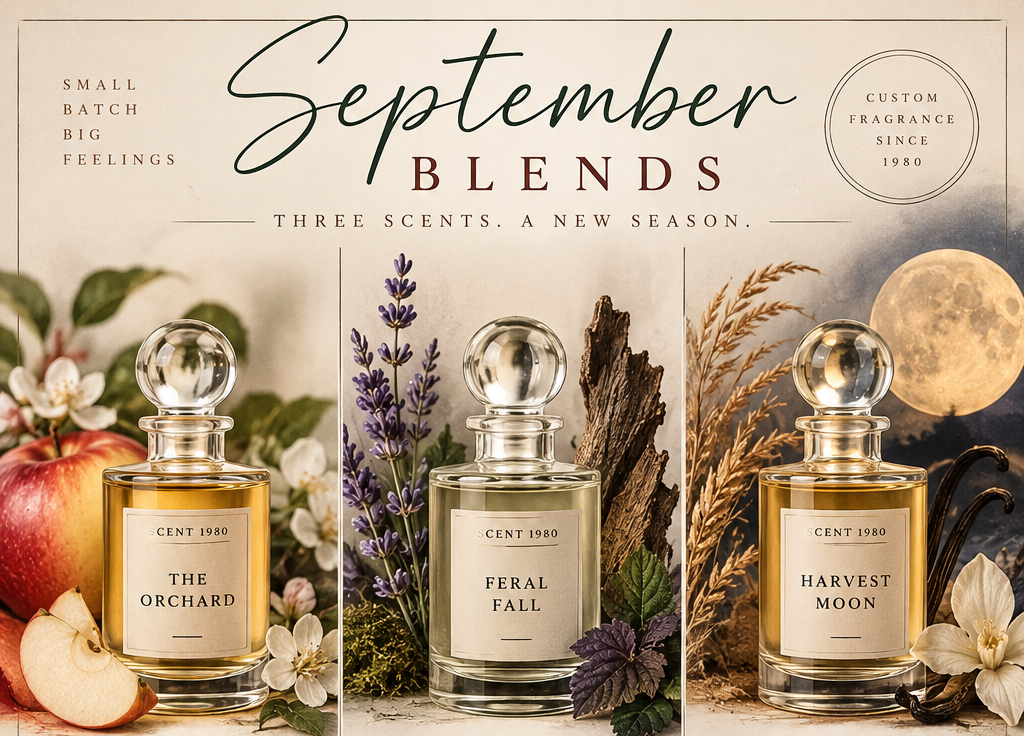 A styled fragrance guide titled 'September Blends' showing three scents: 'The Orchard' with apples and citrus, 'Feral Fall' with lavender, and 'Harvest Moon' with wheat and cotton. The center scent, 'Feral Fall,' is highlighted with a larger bottle illustration and scent description.