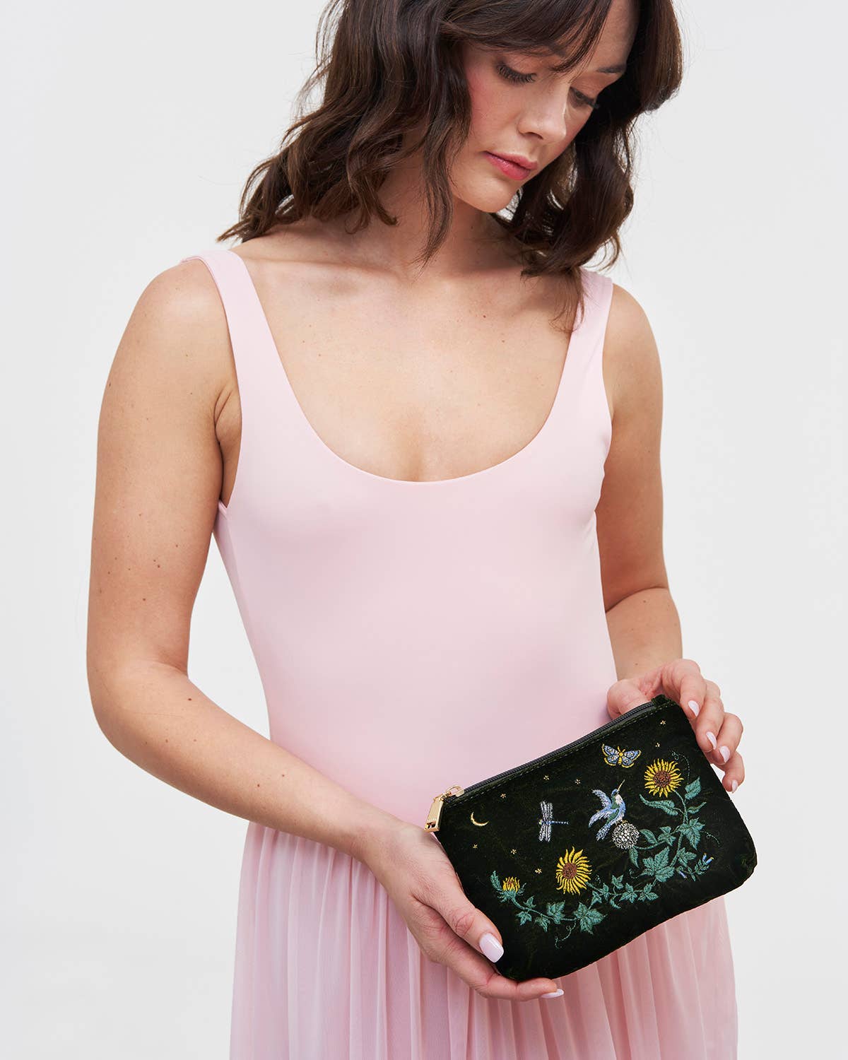 Fable England - Sunflower Green Velvet Embroidered Pouch