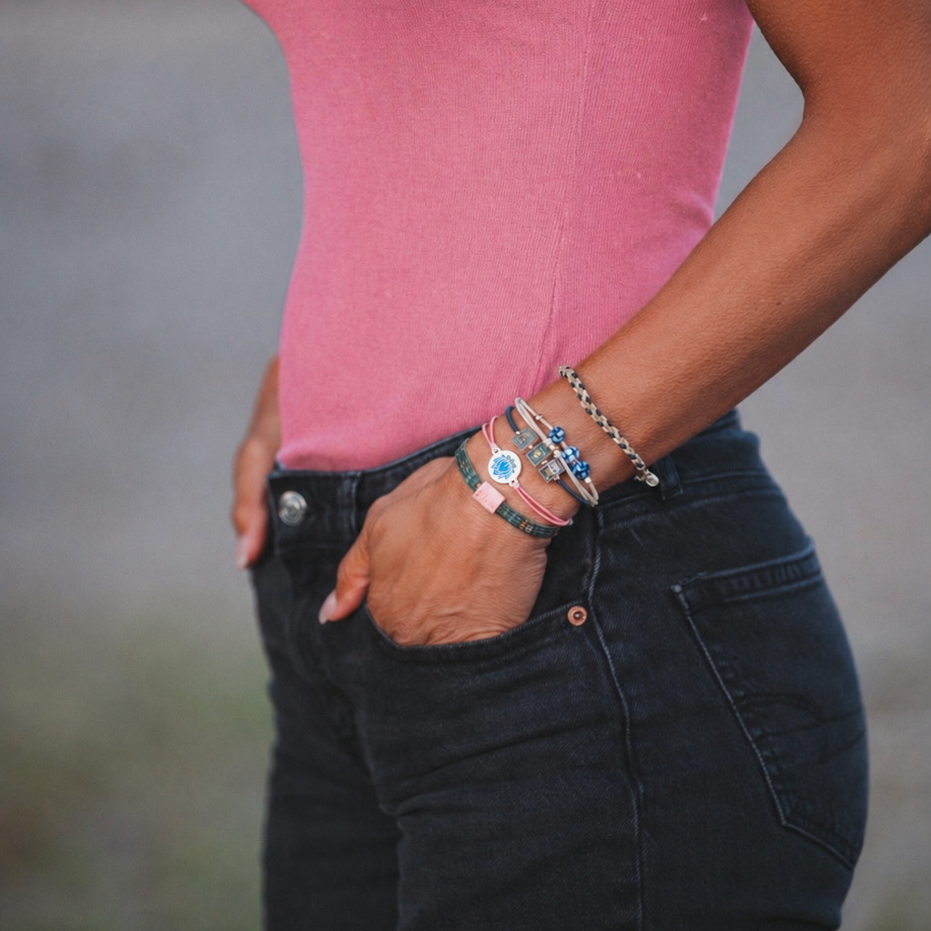 K'lani hair tie bracelets - "Mahjong" Themed in Pink, Green & Blue with Lotus & Tile Accent Hair Tie Bracelets: Medium